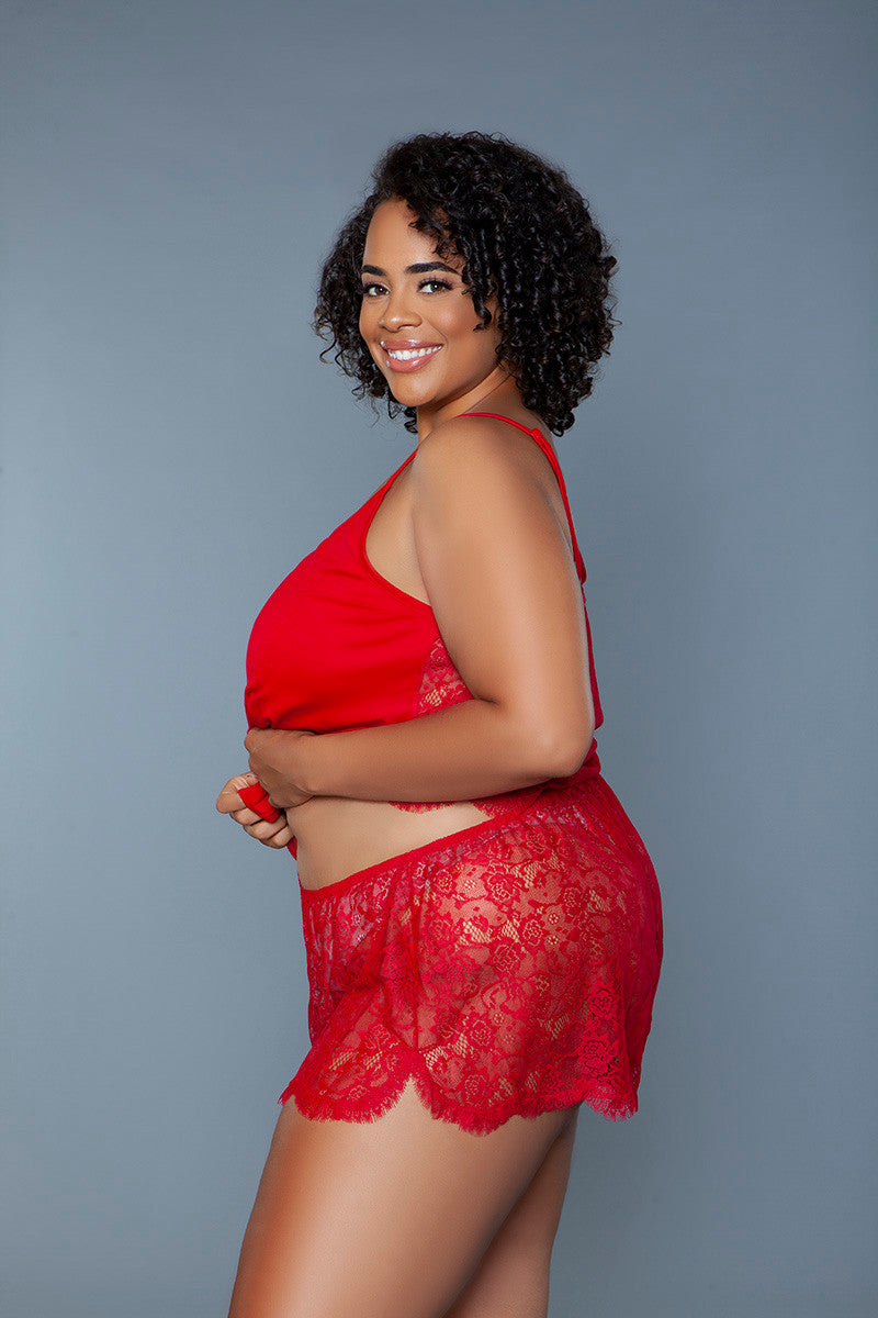 Peyton Set Red: Stylish Cami Set with Jersey & Floral Lace!